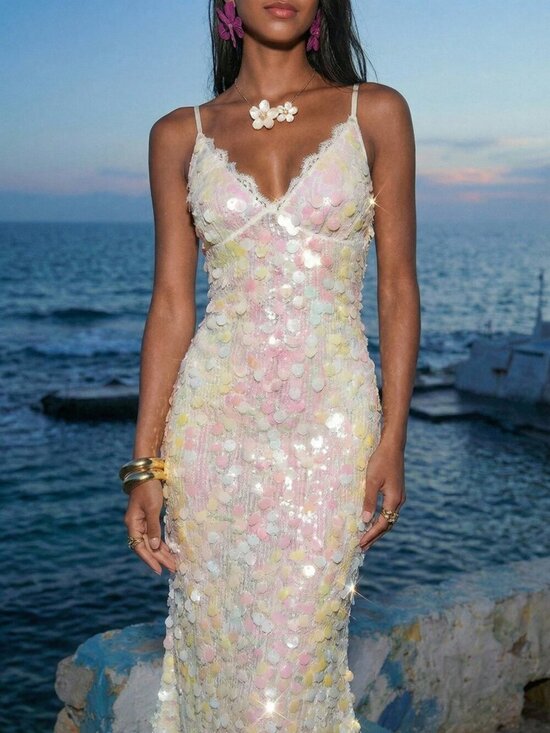 Dresses & Skirts - Multicolor Iridescent Party Sequin Lace V-Neck Backless Women's Maxi Dress